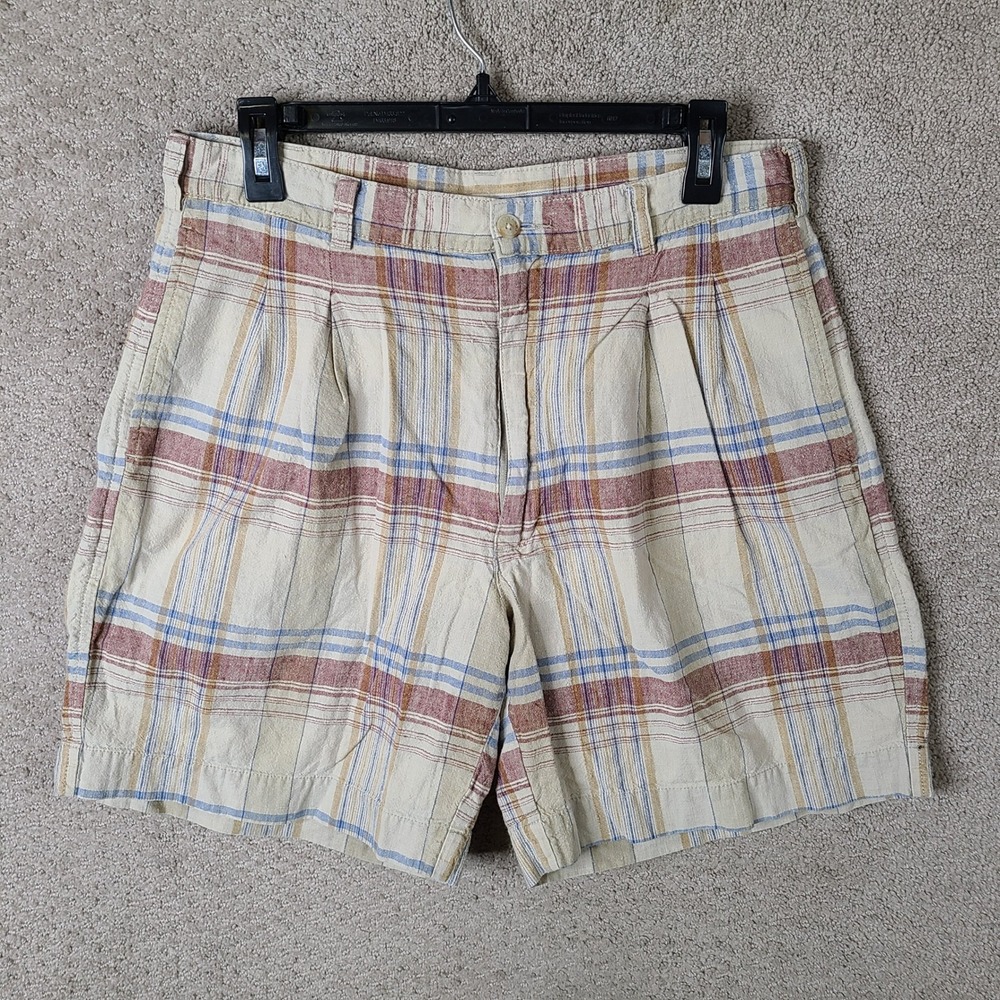 Vintage Adirondack by Savile Row Shorts Mens 33 Beige Red Blue Plaid Linen Blend